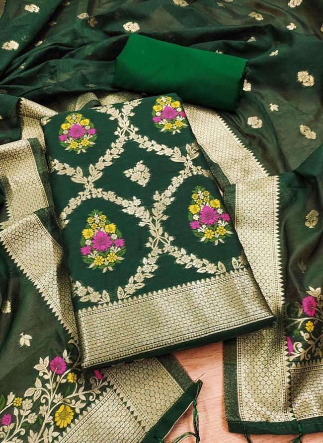 Pure Chanderi Banarasi Silk Dark Green Festival Wear Embroidery Work Dress Material